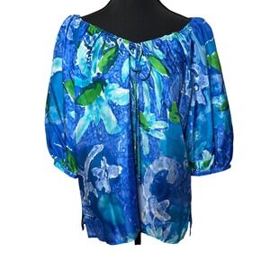 Lauren Ralph Lauren Floral 100% Silk Tie Neck Blouse Women M Spring Blue Green
